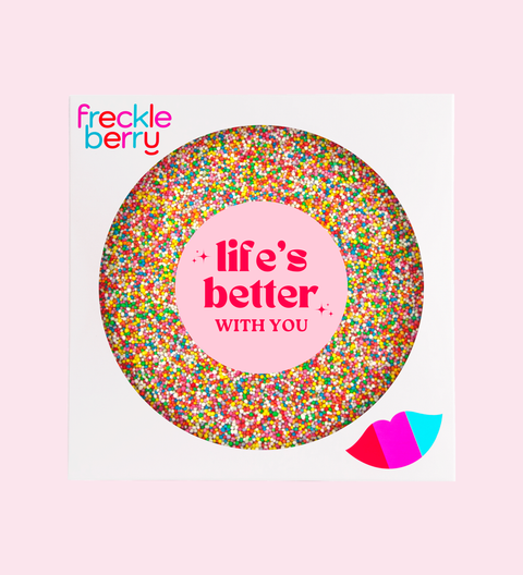 Giant Belgian chocolate lolly pizza or freckle in heart or circle shapes with a “Life's Better With You” sticker. A perfect gift for friends, Galentine’s Day and Valentine’s.