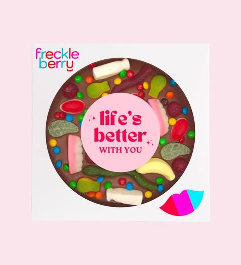 Giant Belgian chocolate lolly pizza or freckle in heart or circle shapes with a “Life's Better With You” sticker. A perfect gift for friends, Galentine’s Day and Valentine’s.