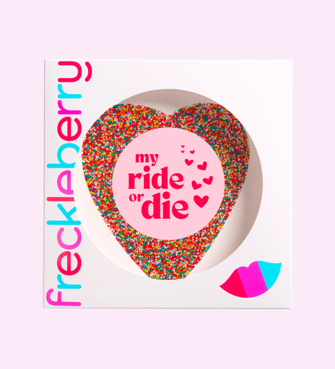 Giant Belgian chocolate lolly pizza or freckle in heart or circle shapes with a “My Ride or Die” sticker. A perfect gift for friends, Galentine’s Day and Valentine’s.