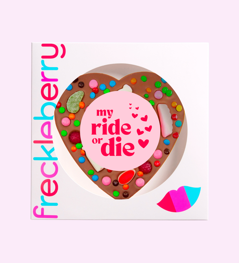 Giant Belgian chocolate lolly pizza or freckle in heart or circle shapes with a “My Ride or Die” sticker. A perfect gift for friends, Galentine’s Day and Valentine’s.