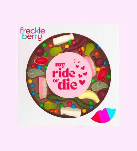 Giant Belgian chocolate lolly pizza or freckle in heart or circle shapes with a “My Ride or Die” sticker. A perfect gift for friends, Galentine’s Day and Valentine’s.