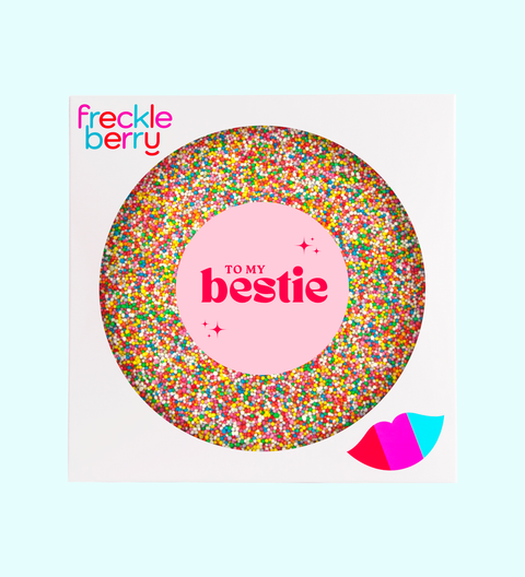Giant Belgian chocolate lolly pizza or freckle in heart or circle shapes with a “To My Bestie” sticker. A perfect gift for friends, Galentine’s Day and Valentine’s.