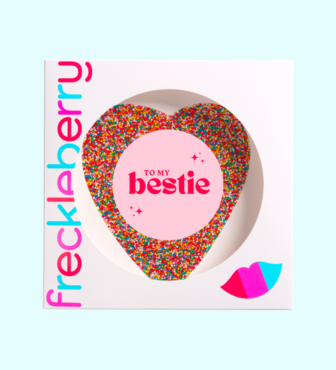 Giant Belgian chocolate lolly pizza or freckle in heart or circle shapes with a “To My Bestie” sticker. A perfect gift for friends, Galentine’s Day and Valentine’s.