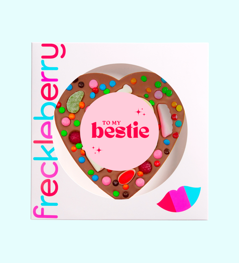 Giant Belgian chocolate lolly pizza or freckle in heart or circle shapes with a “To My Bestie” sticker. A perfect gift for friends, Galentine’s Day and Valentine’s.