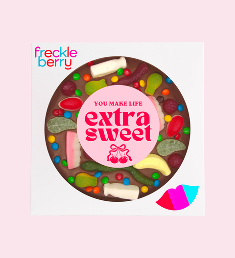 Giant Belgian chocolate lolly pizza or freckle in heart or circle shapes with a “You Make Life Extra Sweet” sticker. A perfect gift for friends, Galentine’s Day and Valentine’s.
