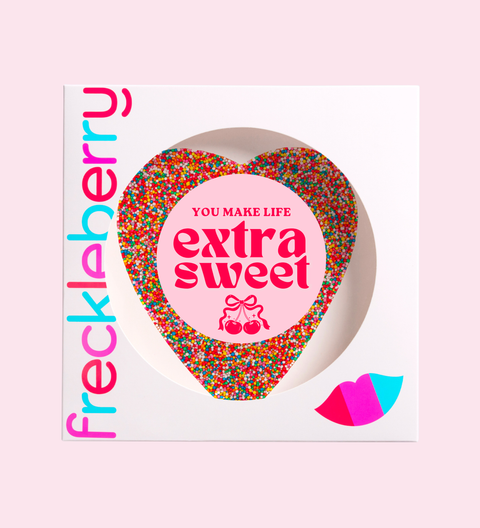 Giant Belgian chocolate lolly pizza or freckle in heart or circle shapes with a “You Make Life Extra Sweet” sticker. A perfect gift for friends, Galentine’s Day and Valentine’s.