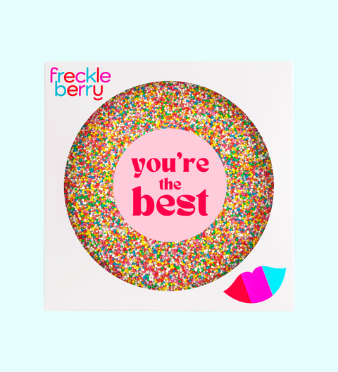Giant Belgian chocolate lolly pizza or freckle in heart or circle shapes with a “You're the Best” sticker. A perfect gift for friends, Galentine’s Day and Valentine’s.
