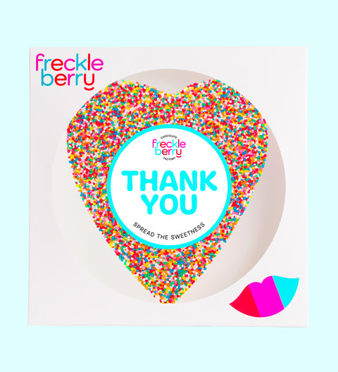 Premium giant heart Belgian chocolate freckle topped with colourful sprinkles, wrapped in a cheerful Thank You design – a sweet way to show your appreciation.