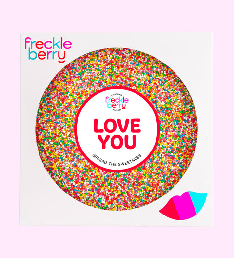 A large Belgian chocolate disc (available in 3 variants - dark, milk or white) covered in colourful sprinkles, the sweetest way to say “Love You.”