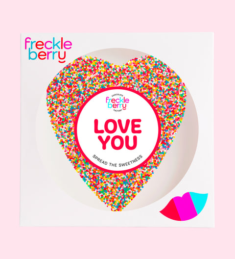 A large Belgian chocolate heart (available in 3 variants - dark, milk or white) covered in colourful sprinkles, the sweetest way to say “Love You.”