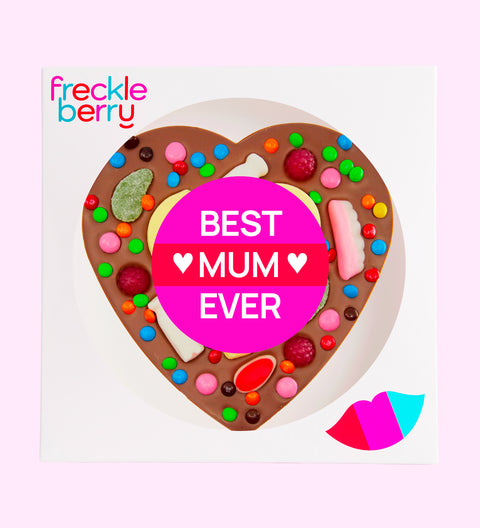 Giant Belgian milk chocolate heart topped with colourful lollies with Best Mum Ever sticker, a fun and thoughtful gift for Mum.