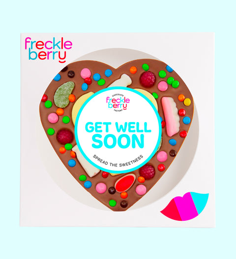 Giant Belgian chocolate heart  pizza (available in 3 variants - dark, milk or white) loaded with colourful lollies and M&M®s - a sweet and cheerful gift to brighten someone’s day wishing them to get well soon.