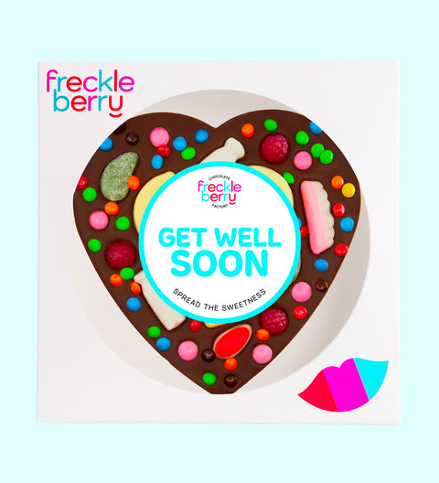 Giant Belgian dark chocolate heart pizza loaded with colourful lollies and M&M®s - a sweet and cheerful gift to brighten someone’s day wishing them to get well soon.