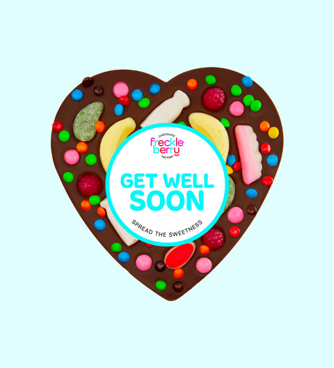 Giant Belgian dark chocolate heart pizza loaded with colourful lollies and M&M®s - a sweet and cheerful gift to brighten someone’s day wishing them to get well soon.