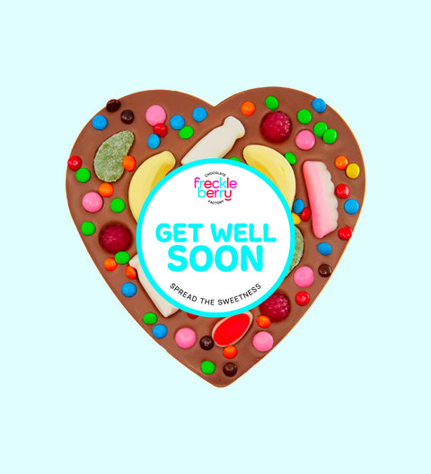 Giant Belgian chocolate heart pizza (available in 3 variants - dark, milk or white) loaded with colourful lollies and M&M®s - a sweet and cheerful gift to brighten someone’s day wishing them to get well soon.