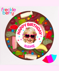 Fun Belgian milk chocolate pizza loaded with lollies and candies, customised with a photo and name for the perfect birthday gift.
