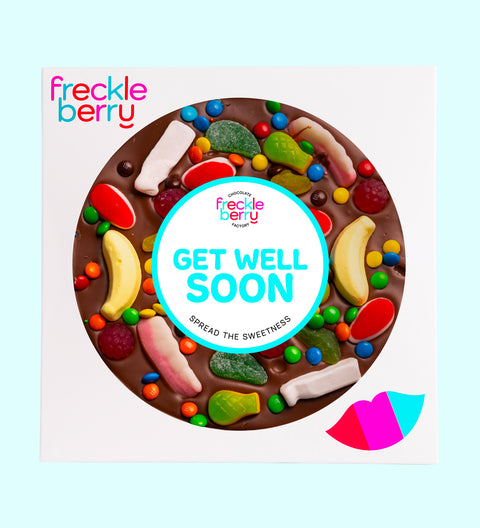 Giant Belgian chocolate pizza (available in 3 variants - dark, milk or white) loaded with colourful lollies and M&M®s - a sweet and cheerful gift to brighten someone’s day wishing them to get well soon.