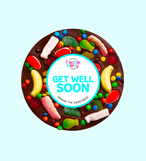 Giant Belgian dark chocolate pizza loaded with colourful lollies and M&M®s - a sweet and cheerful gift to brighten someone’s day wishing them to get well soon.