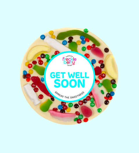 Giant Belgian white chocolate pizza loaded with colourful lollies and M&M®s - a sweet and cheerful gift to brighten someone’s day wishing them to get well soon.