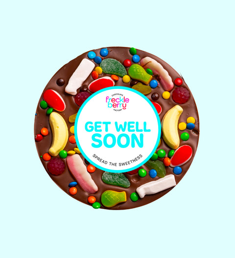 Giant Belgian chocolate pizza (available in 3 variants - dark, milk or white) loaded with colourful lollies and M&M®s - a sweet and cheerful gift to brighten someone’s day wishing them to get well soon.