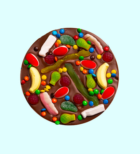 Premium Belgian milk chocolate pizza loaded with lollies, can be customised - perfect for gifting.