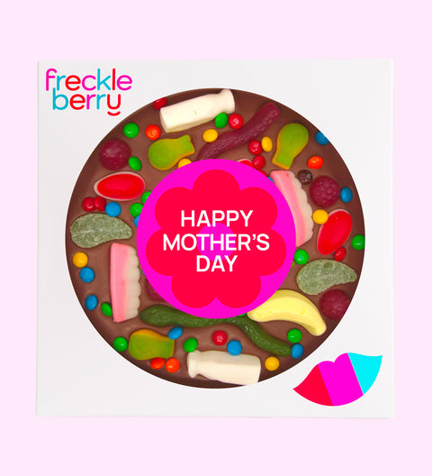 Giant Belgian milk chocolate pizza loaded with colourful lollies with Happy Mother's Day sticker, the perfect sweet gift to celebrate Mum.