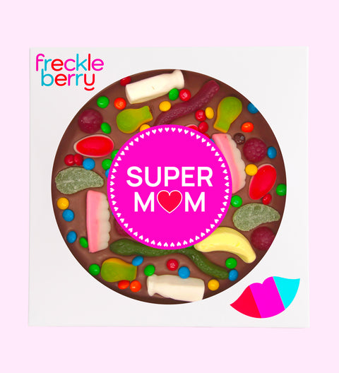 Giant Belgian milk chocolate pizza loaded with colourful lollies with Super Mum sticker, the perfect sweet gift to celebrate Mum.
