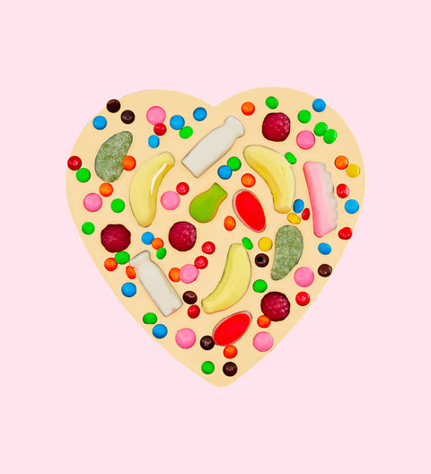 Giant heart-shaped premium Belgian white chocolate topped with colourful lollies – a fun and delicious gift for someone special in every occassion.
