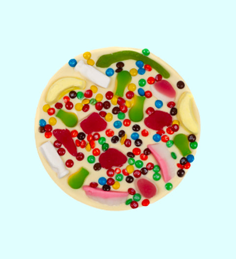 Premium Belgian white chocolate pizza loaded with lollies, can be customised - perfect for gifting.