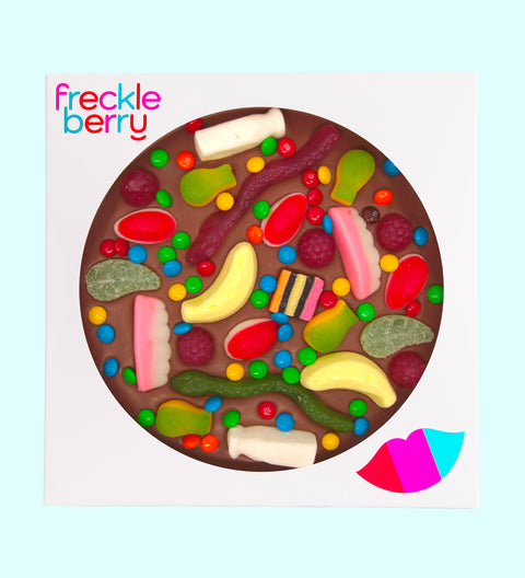 Premium Belgian chocolate pizza (available in 3 variants - dark, milk or white) loaded with lollies, can be customised - perfect for gifting.