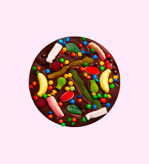 Giant Belgian dark chocolate lolly pizza loaded with lollies, can be customised for a special gift.