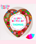Belgian milk chocolate heart topped with lollies and candies, customised with a name for the perfect birthday celebration