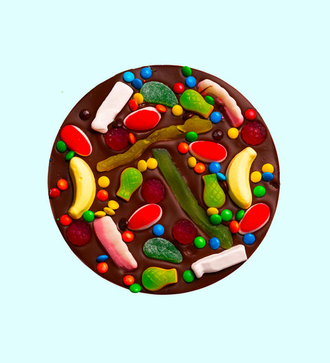 Premium Belgian dark chocolate loaded with colourful lollies – a fun and delicious treat perfect for sharing or gifting.