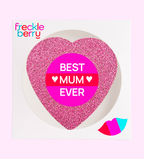 Creamy giant Belgian milk chocolate heart covered in pink sprinkles Best Mum Ever sticker, a sweet and thoughtful gift for Mum.