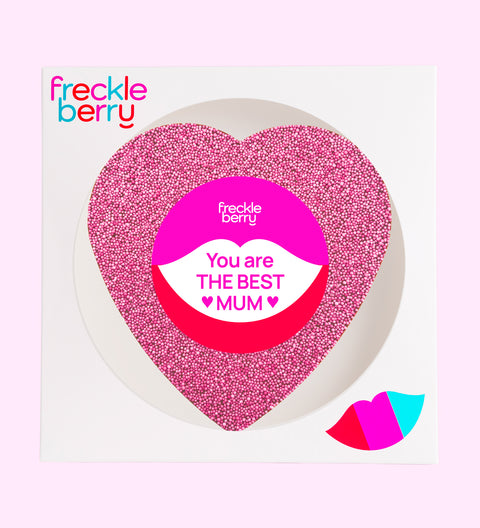 Creamy giant Belgian milk chocolate heart covered in pink sprinkles with You are the Best Mum sticker, a sweet and thoughtful gift for Mum.