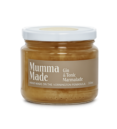 A 300ml glass jar of Mumma Made Gin & Tonic Marmalade, featuring a light brown label with white text and a white lid, set against a plain white background.