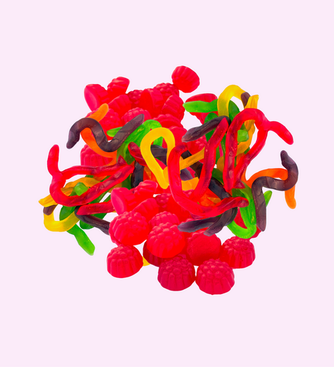 Sweet and chewy mix of gluten-free lollies - snakes and raspberries, perfect for gifting or enjoying as a tasty treat.