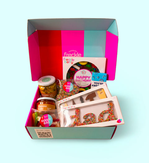 An indulgent selection of premium Belgian chocolates, lollies and jam - the perfect gift to spoil Dad on his special day.

1 × Luxury colourful hamper box
1 × Happy Father’s Day sticker (on outer packaging; options may change)
1 × Giant Lolly Pizza or freckle
1 × Freckled Chocolate Tool Set
1 × You're awesome Block
1 × DAD word
1 × Goody Bag Milk Freckle Bag
1 × Favourites: Lolly Jumble or Honeycomb or Mixed Raspberries
1 × Chutney or Relish
1 x Pickles Bread and Butter