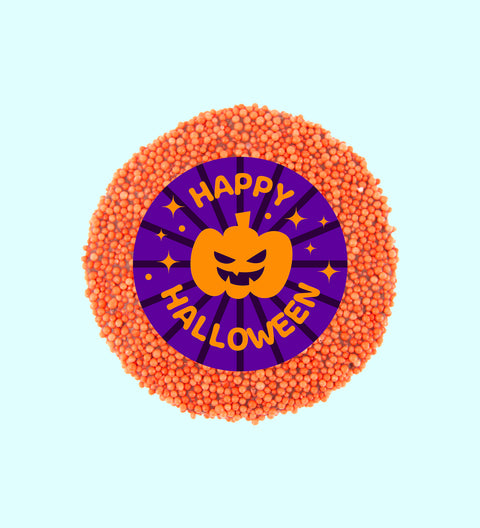 Handmade Belgian chocolate (available in 3 variants - dark, milk or white) topped with orange sprinkles with "Happy Halloween" label/design, individually wrapped & party ready for Halloween.