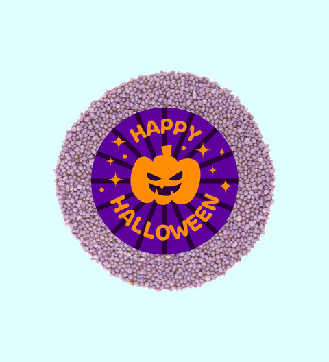 Handmade Belgian chocolate (available in 3 variants - dark, milk or white) topped with purple sprinkles with "Happy Halloween" label/design, individually wrapped & party ready for Halloween.