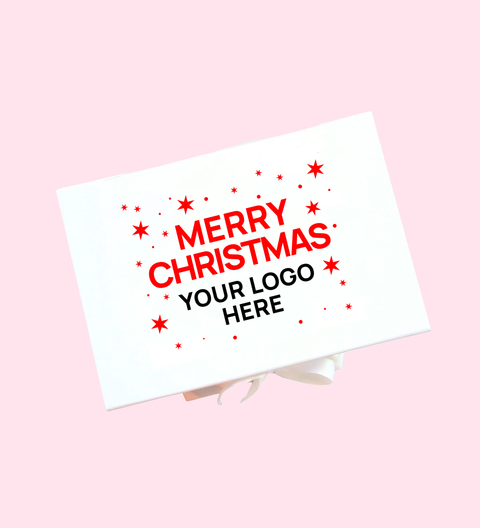 White hamper with Merry Christmas - Stars design and can be personalised with logo.