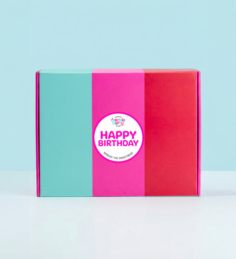 Create the perfect gift with a custom hamper box with "HAPPY BIRTHDAY" label. Fill with Freckleberry treats. 