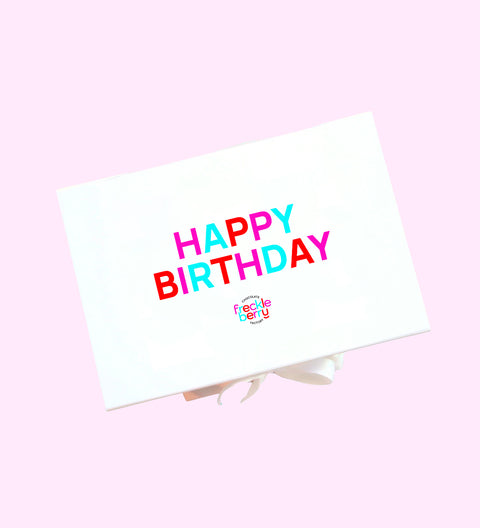 White hamper box with "Happy Birthday" message - perfect hamper box to celebrate one's special day.