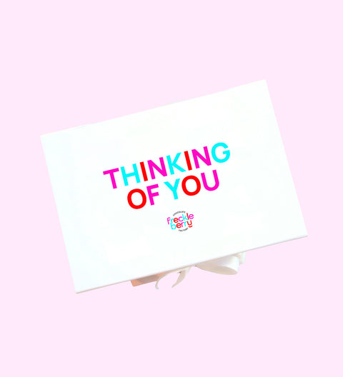 White hamper box with "Thinking of You" message - perfect hamper box to express your love to someone or just because. 