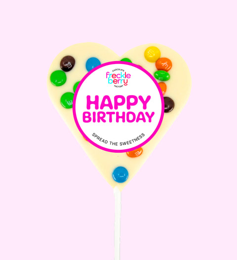 Belgian white chocolate heart topped with colourful M&M®s, a sweet and fun way to celebrate a birthday.