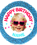 Creamy Belgian milk chocolate covered with blue sprinkles, customised with a photo and name for a unique gift.