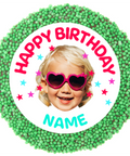 Creamy Belgian milk chocolate covered with green sprinkles, customised with a photo and name for a unique gift.