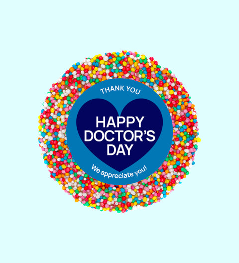 Creamy Belgian chocolate (available in 3 variants - dark, milk or white) topped with colourful sprinkles and wrapped with "Happy Doctor's Day" design/label - the perfect treat to celebrate doctors for their dedication and for what they do.