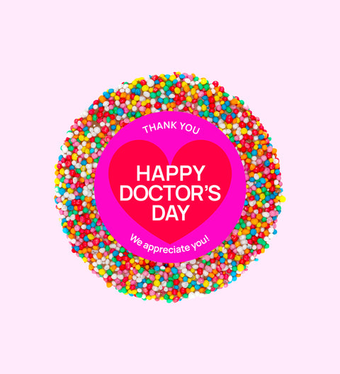 Creamy Belgian chocolate (available in 3 variants - dark, milk or white) topped with colourful sprinkles and wrapped with "Happy Doctor's Day" design/label - the perfect treat to celebrate doctors for their dedication and for what they do.