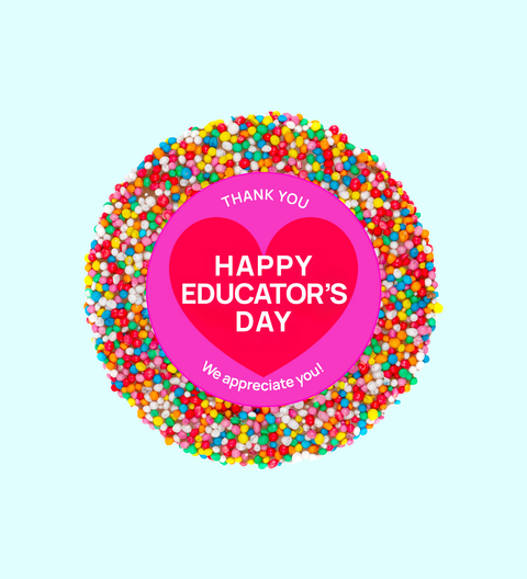Rich premium Belgian chocolate (available in 3 variants - dark, milk or white) topped with colourful sprinkles with "Happy Educator's Day" design/label, perfect gift for teacher's day. 